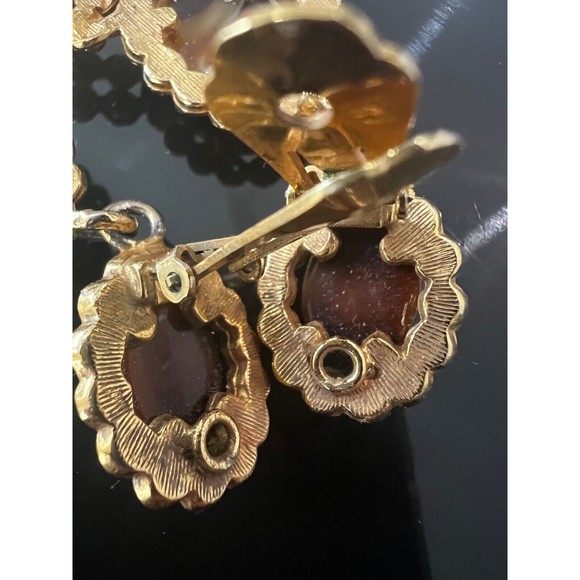 Vtg KJL Chandelier Earrings Clip on Brown Cabochon Rhinestone Dangle 60's - Picture 7 of 11
